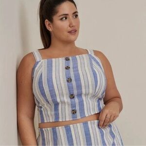 Torrid Linen Blend Button-Front Crop Blue Stripe Tank Top Plus Size 4 4X NWT